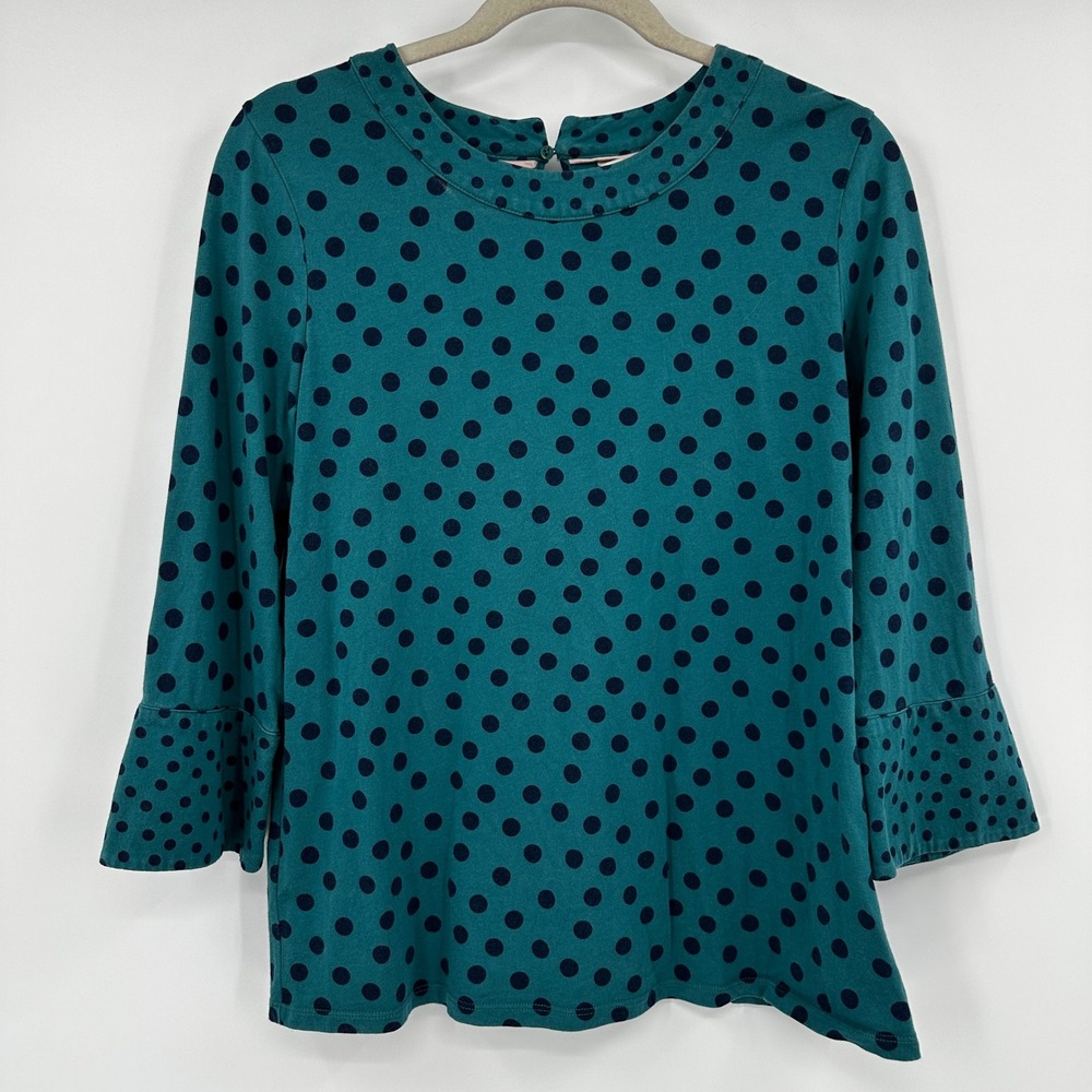 Boden Teal Navy Polka Dot 3/4 Bell Sleeve Knit Top US 10 Retro Mod Jewel Classic